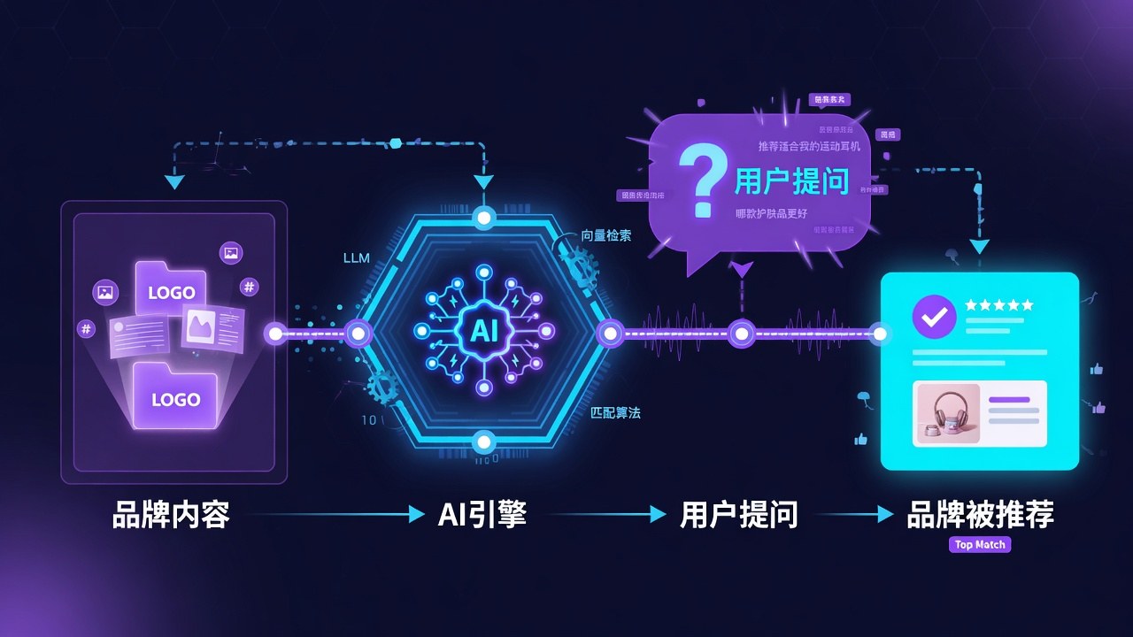 数尔科技GEO优化流程：内容→AI引擎→用户提问→品牌被推荐